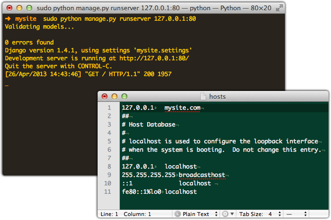 Pic of Django development server running in shell and in the foreground the hosts file.